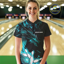 Load image into Gallery viewer, Custom Black And Blue Flame Dragon Bowling Women Quarter-Zip Shirts, Bowling League Shirt IPHW9334