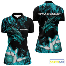 Load image into Gallery viewer, Custom Black And Blue Flame Dragon Bowling Women Quarter-Zip Shirts, Bowling League Shirt IPHW9334