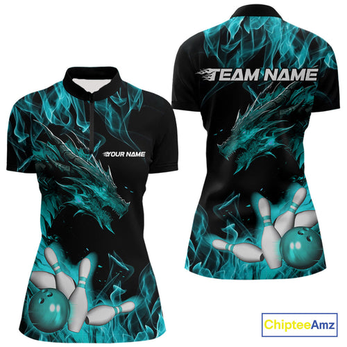 Custom Black And Blue Flame Dragon Bowling Women Quarter-Zip Shirts, Bowling League Shirt IPHW9334