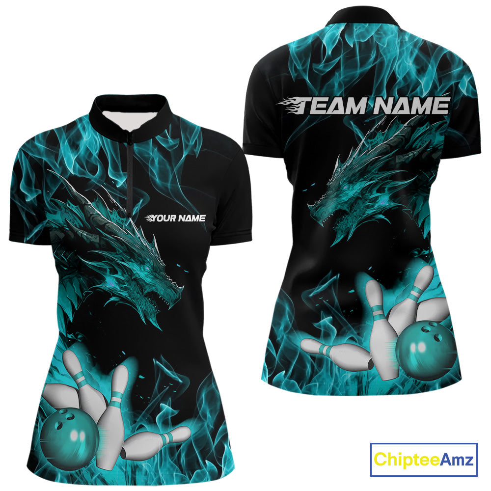 Custom Black And Blue Flame Dragon Bowling Women Quarter-Zip Shirts, Bowling League Shirt IPHW9334