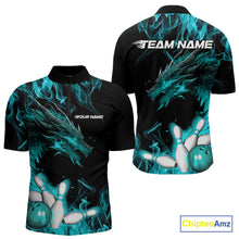 Load image into Gallery viewer, Custom Black And Blue Flame Dragon Bowling Team Men Quarter-Zip Shirts, Bowling League Shirt IPHW9334