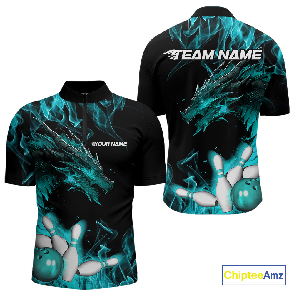 Custom Black And Blue Flame Dragon Bowling Team Men Quarter-Zip Shirts, Bowling League Shirt IPHW9334
