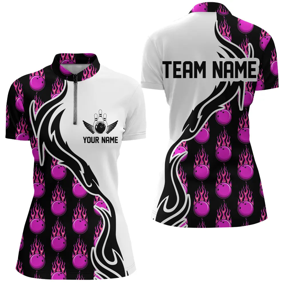 Pink Custom Flame Bowling Shirts For Women, Ladies Bowling Polo Shirts With Name IPHW4961