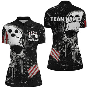 Custom Vintage American Flag Patriotic Bowling Shirts For Women, Skull Bowling Team Shirts IPHW7083