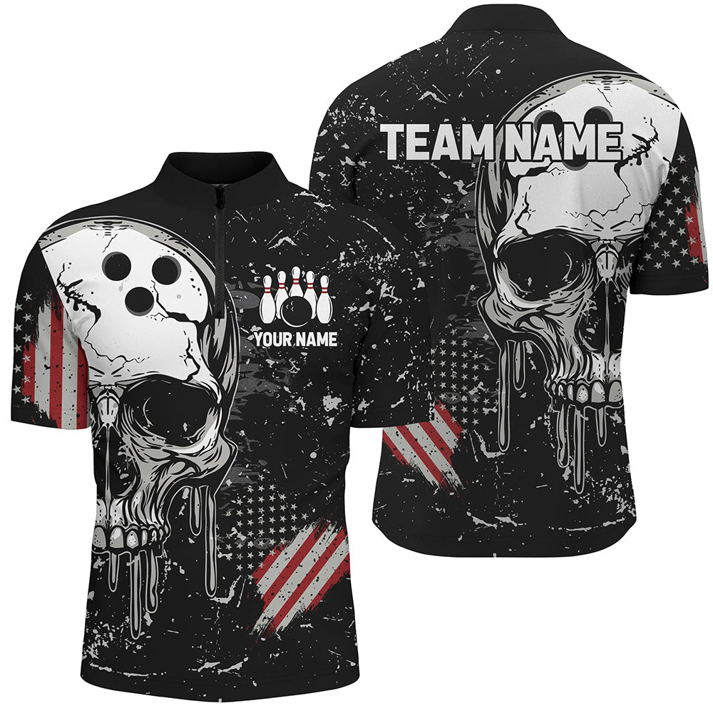 Custom Vintage American Flag Patriotic Bowling Shirts For Men, Skull Bowling Team Shirts IPHW7083