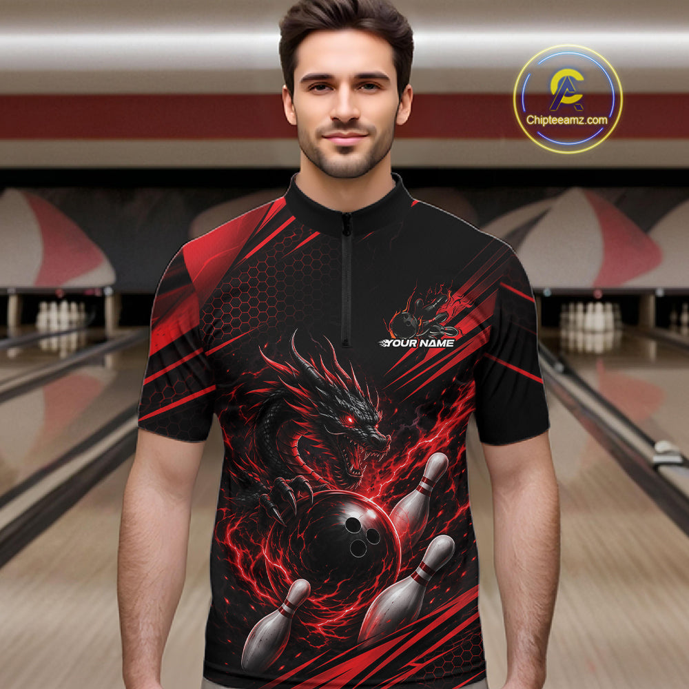 Custom Black And Red Flame Dragon Bowling Jersey, Dragon Bowling Men Quarter Zip Shirt IPHW11833