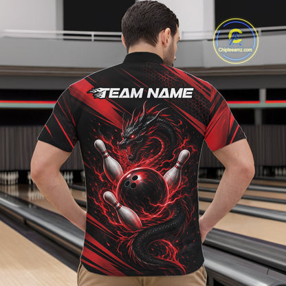 Custom Black And Red Flame Dragon Bowling Jersey, Dragon Bowling Men Quarter Zip Shirt IPHW11833