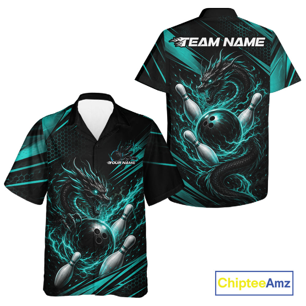 Custom bowling-themed short-sleeve button-up shirts shown from both front and back. The design features a black background with a glowing teal dragon wrapping around bowling pins and a bowling ball, with customizable text 'TEAM NAME' and 'YOUR NAME' printed on the chest.