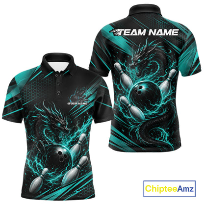 Front and back views of a custom short-sleeve polo shirt featuring a black and teal dragon design with bowling balls and pins, with customizable team name text on the chest and back.