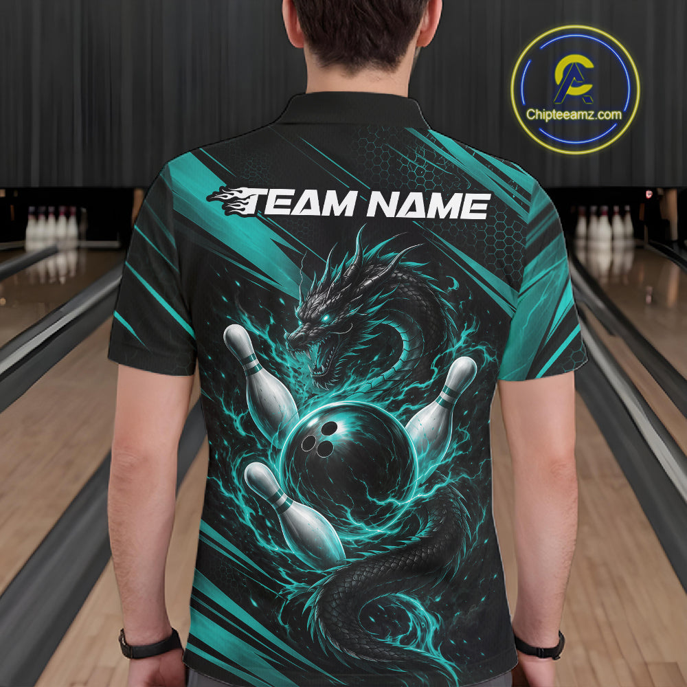 A man viewed from behind wearing a short-sleeve bowling-themed shirt with a black and teal dragon, bowling ball, pins, and 'TEAM NAME' text printed across the back. Bowling lanes are visible in the blurred background, and a circular 'Chipteeamz logo
