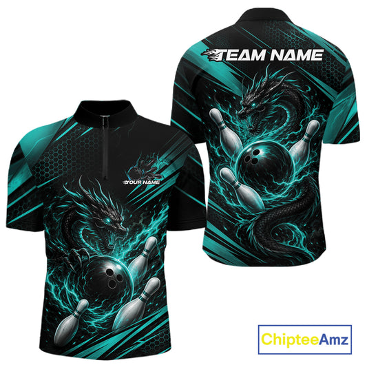 Custom bowling-themed short-sleeve quarter zip shirt shown from both front and back views. The design features a black background with a glowing teal dragon, bowling ball, and bowling pins, with customizable text placeholders 'TEAM NAME' and 'YOUR NAME'.