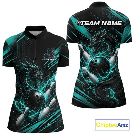 Front and back views of a short-sleeve bowling-themed polo shirt with a black base, teal and gray dragon artwork, bowling balls, and white customizable text placeholders on a white background. A ChipteeAmz logo appears in the bottom right corner.