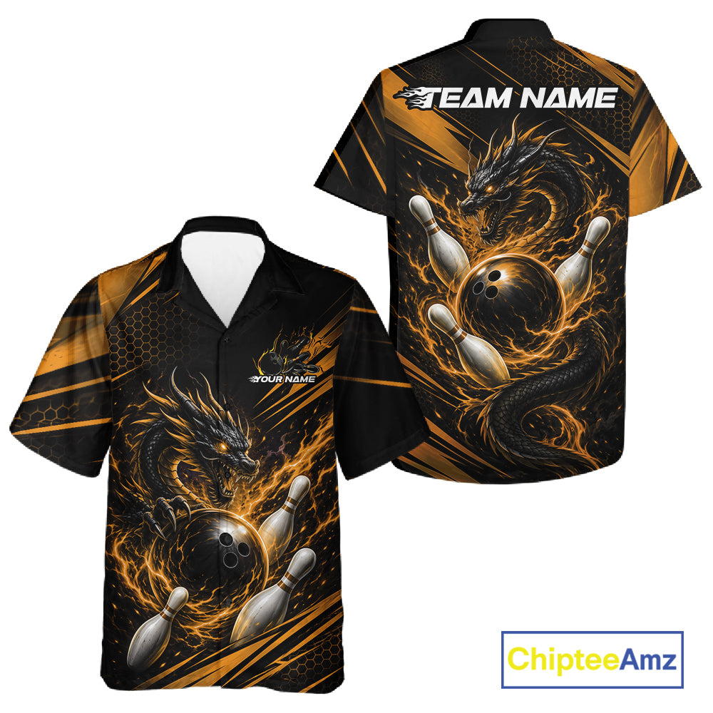 Front and back views of a short-sleeve bowling button up shirt on a white background. The shirt features a black base with a detailed graphic of a fiery orange and yellow dragon wrapping around bowling pins and a bowling ball.