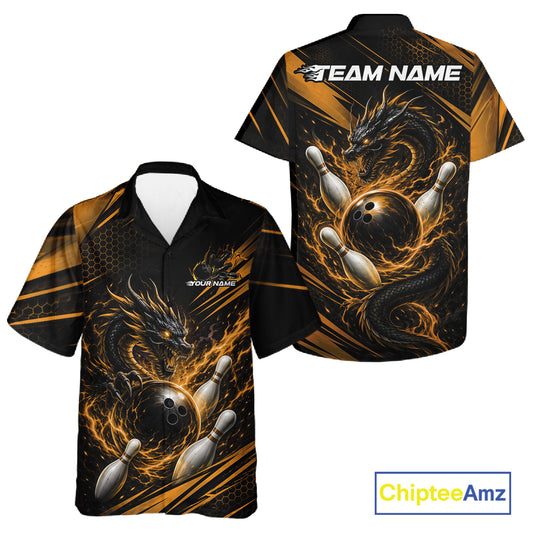 Front and back views of a short-sleeve bowling button up shirt on a white background. The shirt features a black base with a detailed graphic of a fiery orange and yellow dragon wrapping around bowling pins and a bowling ball.