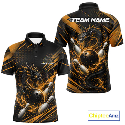 Custom Black And Yellow Flame Dragon Bowling Jersey, Dragon Bowling Men Polo Shirt IPHW11835