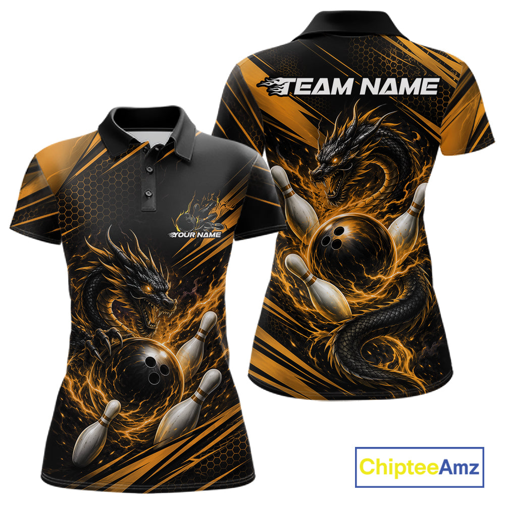Front and back views of a womens short-sleeve polo shirt featuring a black and gold dragon design wrapping around bowling balls and pins, with 'TEAM NAME' printed on the back collar area and a 'ChipteeAmz' logo in the bottom right corner.