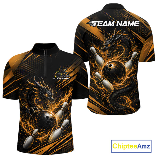 Front and back views of a short-sleeve bowling-themed athletic shirt on a white background. The design features a black base with vivid orange and yellow flame effects, a black dragon, bowling balls, and pins.