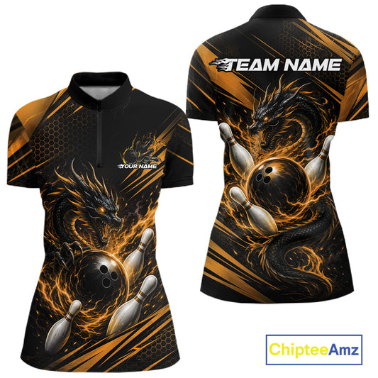 Front and back views of a women's short-sleeve quarter zip shirt with a black and orange dragon and bowling ball graphic, featuring customizable text placeholders on a white background.