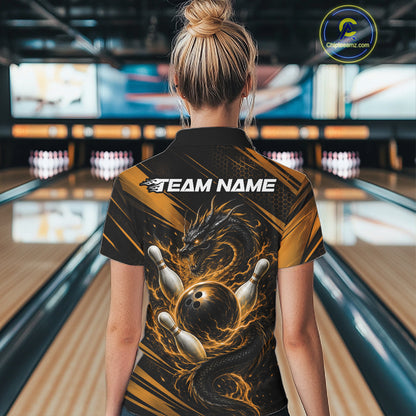 Custom Yellow Flame Dragon Bowling Jersey, Dragon Bowling Women Quarter-Zip Shirt IPHW11835