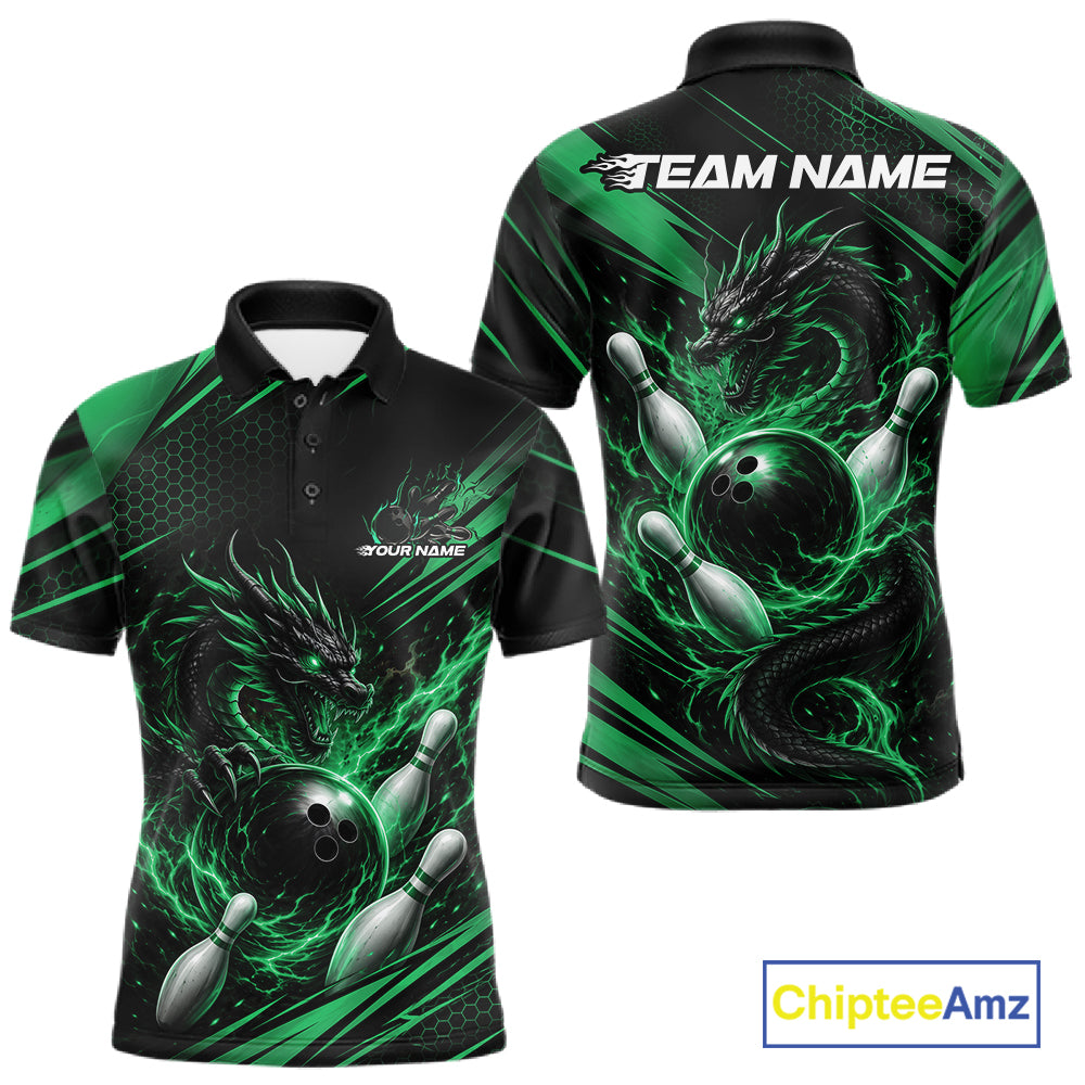 Front and back views of a custom bowling-themed short-sleeve polo shirt. The shirt features a black base with vibrant green energy effects, a detailed black dragon, and bowling balls and pins.
