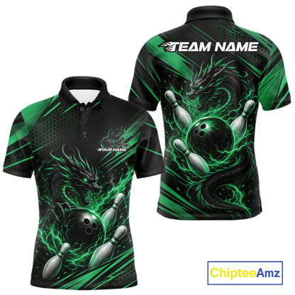 Front and back views of a custom bowling-themed short-sleeve polo shirt. The shirt features a black base with vibrant green energy effects, a detailed black dragon, and bowling balls and pins.