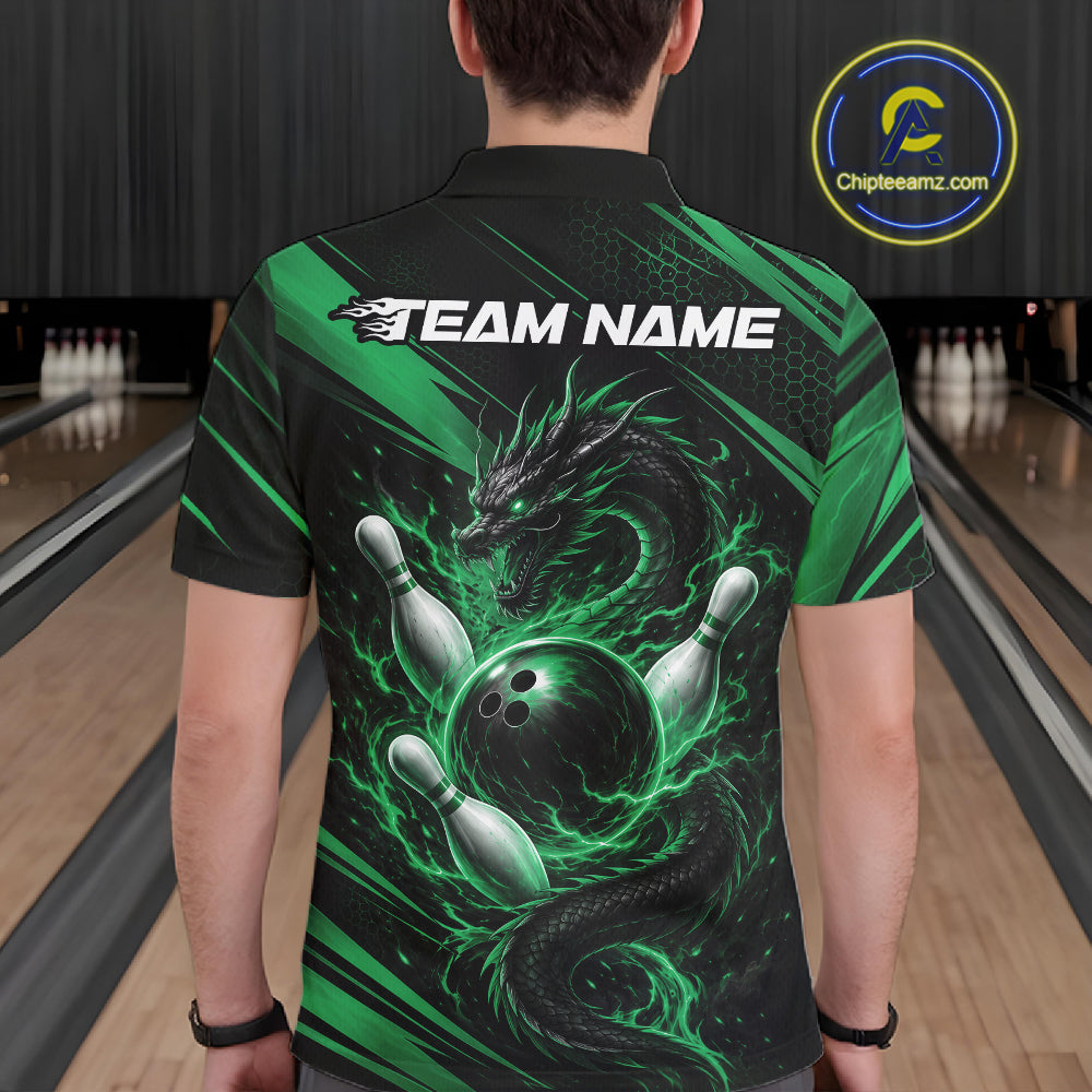 A man viewed from behind wearing a custom bowling-themed short-sleeve polo shirt with a green and black dragon design wrapping around bowling pins and a ball. The shirt features the text 'TEAM NAME' and a circular 'Chipteeamz logo