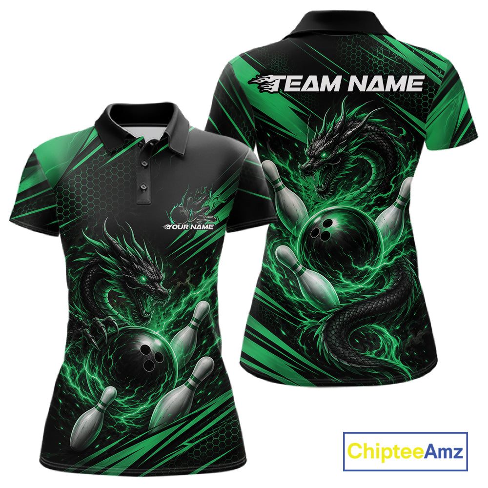Front and back views of a womens short-sleeve polo shirt featuring a black and neon green dragon design with bowling balls and pins, on a white background with a ChipteeAmz logo in the bottom right corner.