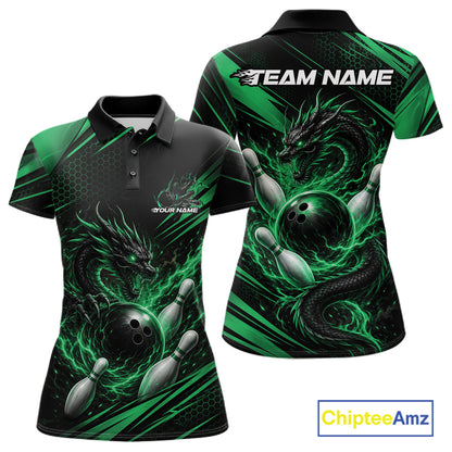 Front and back views of a womens short-sleeve polo shirt featuring a black and neon green dragon design with bowling balls and pins, on a white background with a ChipteeAmz logo in the bottom right corner.