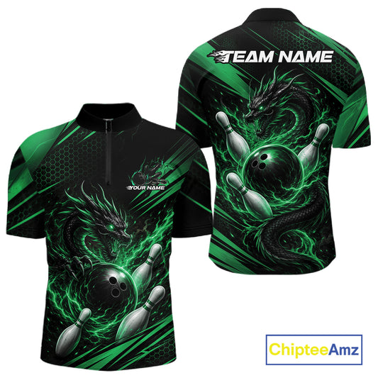 A short-sleeve bowling quarter zip shirt shown from both front and back on a white background. The design is predominantly black with vivid green graphic elements, including a dragon, bowling ball, and bowling pins.