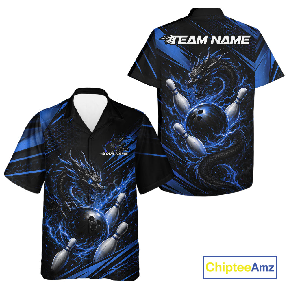 Front and back views of a short-sleeve bowling button-up shirt with a black base, blue electric lightning effects, a dragon, bowling balls, and pins.