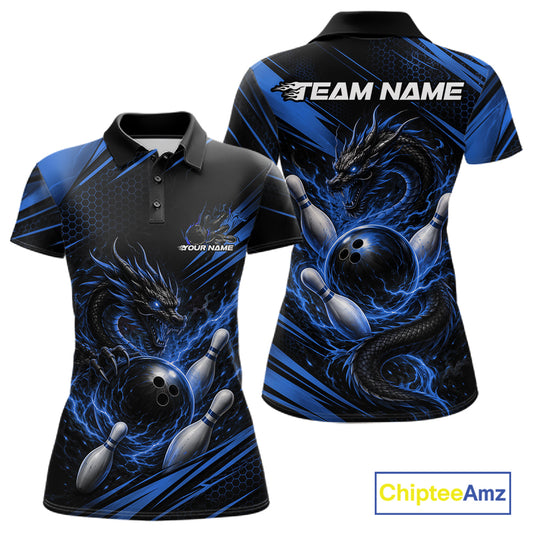 Custom womens short sleeve polo shirt shown from the front and back, featuring a black and blue dragon design wrapping around bowling balls and pins, with placeholder text 'TEAM NAME' and 'YOUR NAME' on the chest and back. ChipteeAmz logo is visible in the bottom right corner.