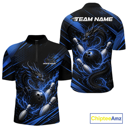 Custom bowling-themed short-sleeve quarter zip shirt shown from both front and back views. The design features a black base with vibrant blue electric lightning effects, a black dragon, and silver bowling balls and pins.