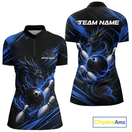 Custom bowling-themed short-sleeve quarter zip shirt shown from the front and back, featuring a black base with blue and white dragon artwork, bowling balls, pins, and dynamic streaks. The front has a small 'YOUR NAME' placeholder and the back has 'TEAM NAME' placeholder text, with a ChipteeAmz logo in the bottom right corner.