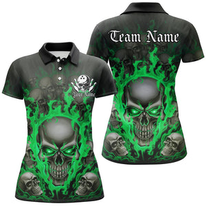 Custom Green Flame Skull Bowling Shirts For Women, Halloween Bowling Team Outfits Uniform IPHW7389