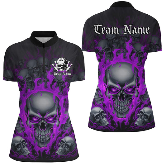 Custom Purple Flame Skull Bowling Shirts For Women, Halloween Bowling Team Outfits Uniform IPHW7390