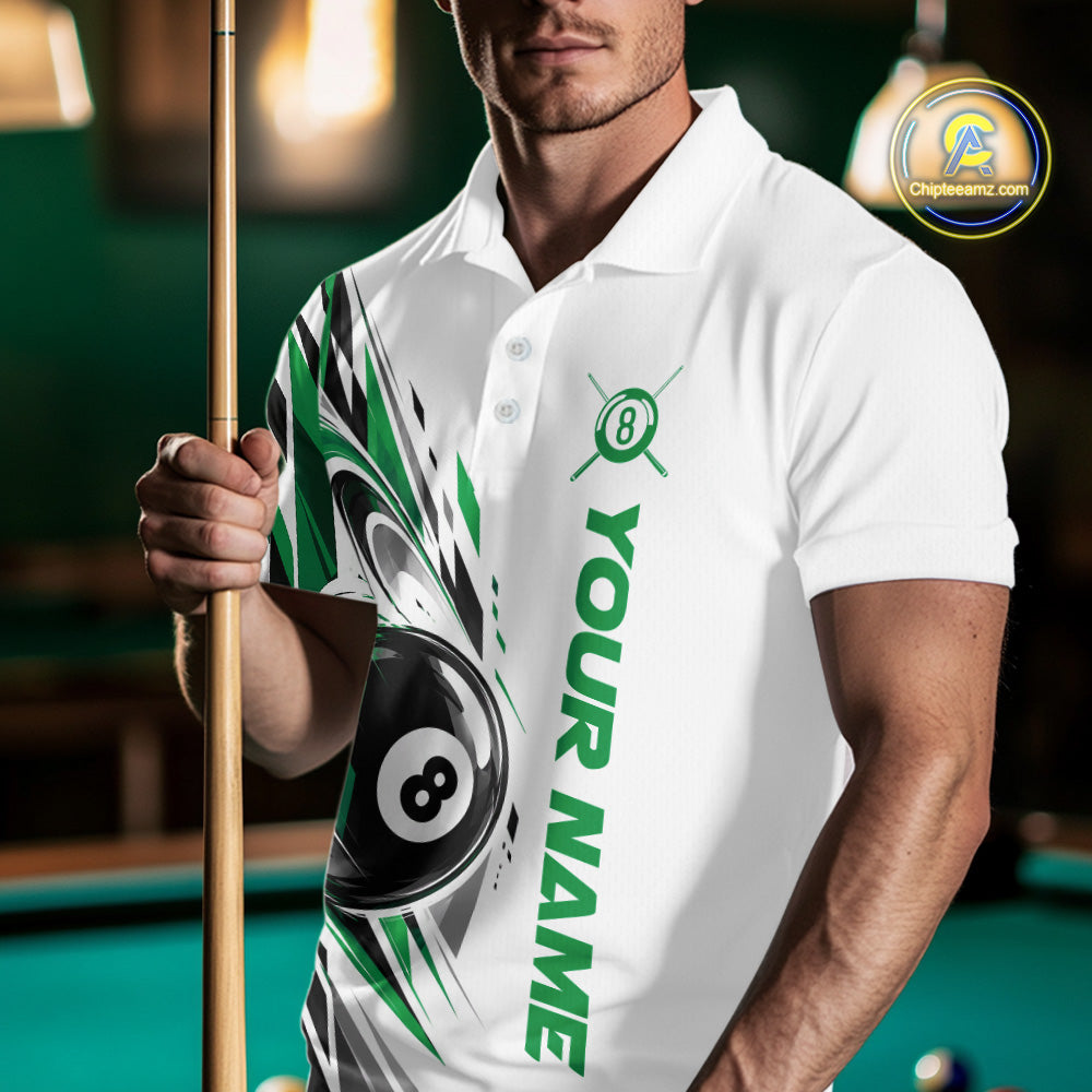 Custom Green 8 Ball Billiard Team Men Polo Shirt, Billiard League Jersey IPHW12501