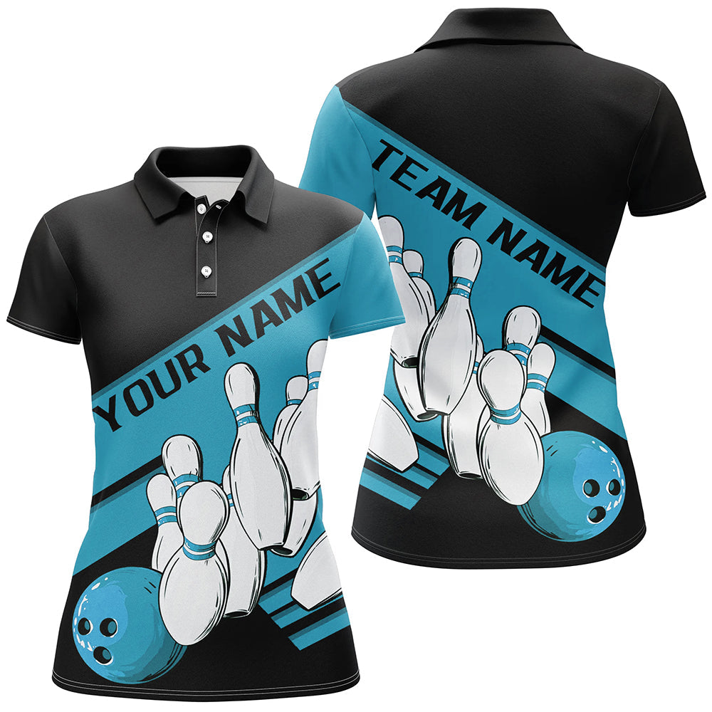 Black And Blue Custom Bowling Shirts For Women, Bowling League Shirt Bowling Team Uniform IPHW7921