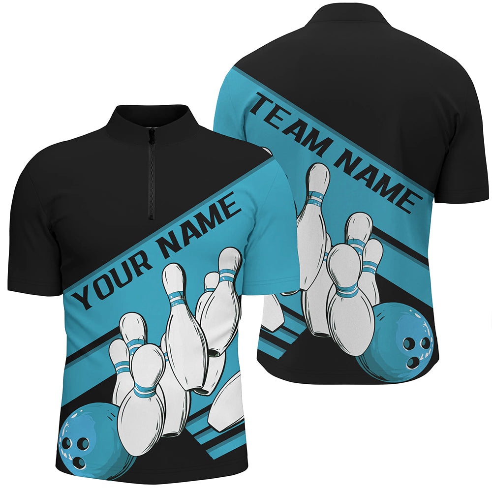 Black And Blue Custom Bowling Shirts For Men, Bowling League Shirt Bowling Team Uniform IPHW7921