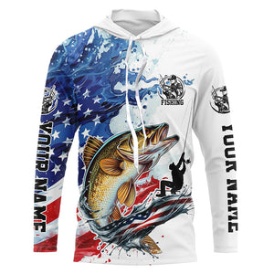 Personalized American Flag Walleye Long Sleeve Fishing Shirts, Patriotic Walleye Fishing Jerseys IPHW6049