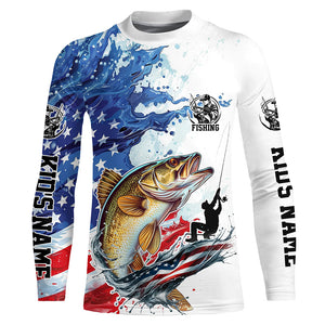 Personalized American Flag Walleye Long Sleeve Fishing Shirts, Patriotic Walleye Fishing Jerseys IPHW6049