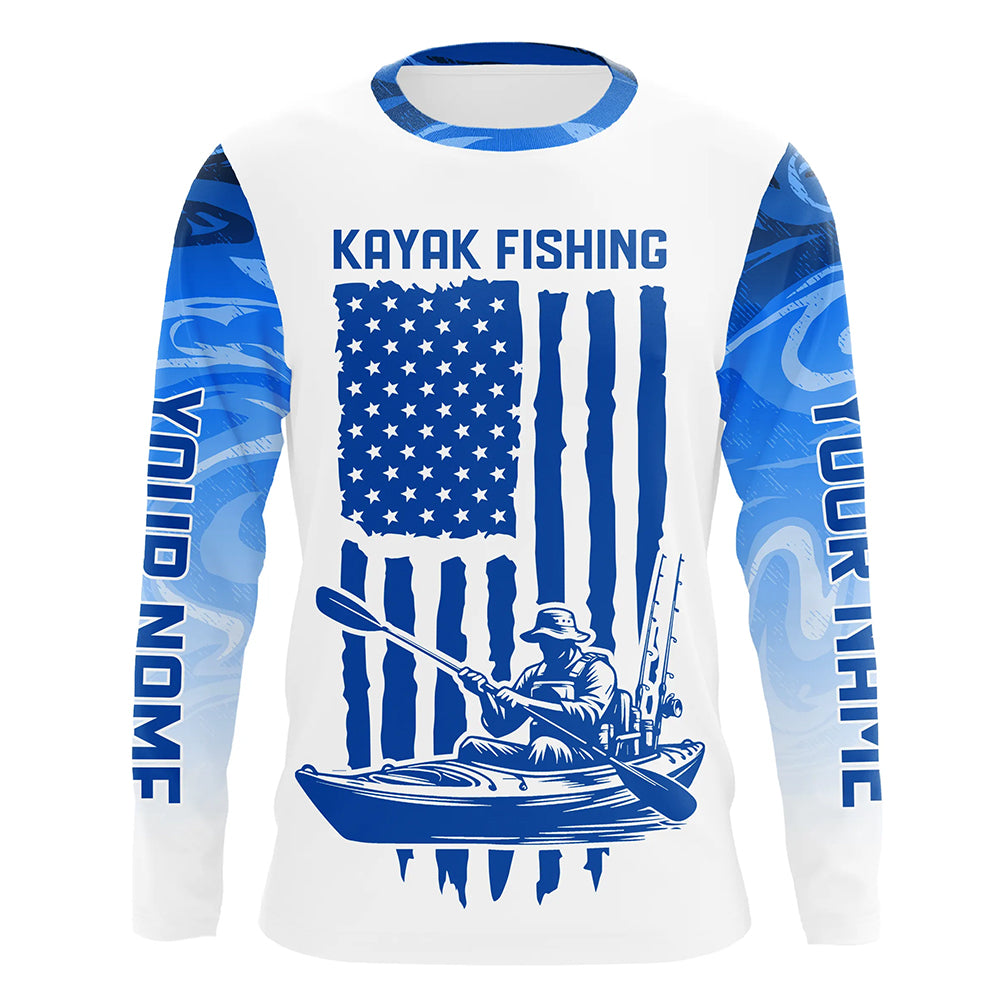 Personalized American Flag Kayak Fishing Long Sleeve Shirts Patriotic, Blue Camo Kayak Fishing Shirt IPHW6054