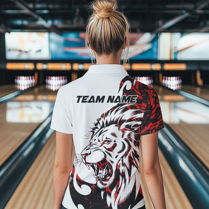 Custom Red Camo Lion Bowling Team Polo Shirts For Women, Lion Bowling League Shirt IPHW8855