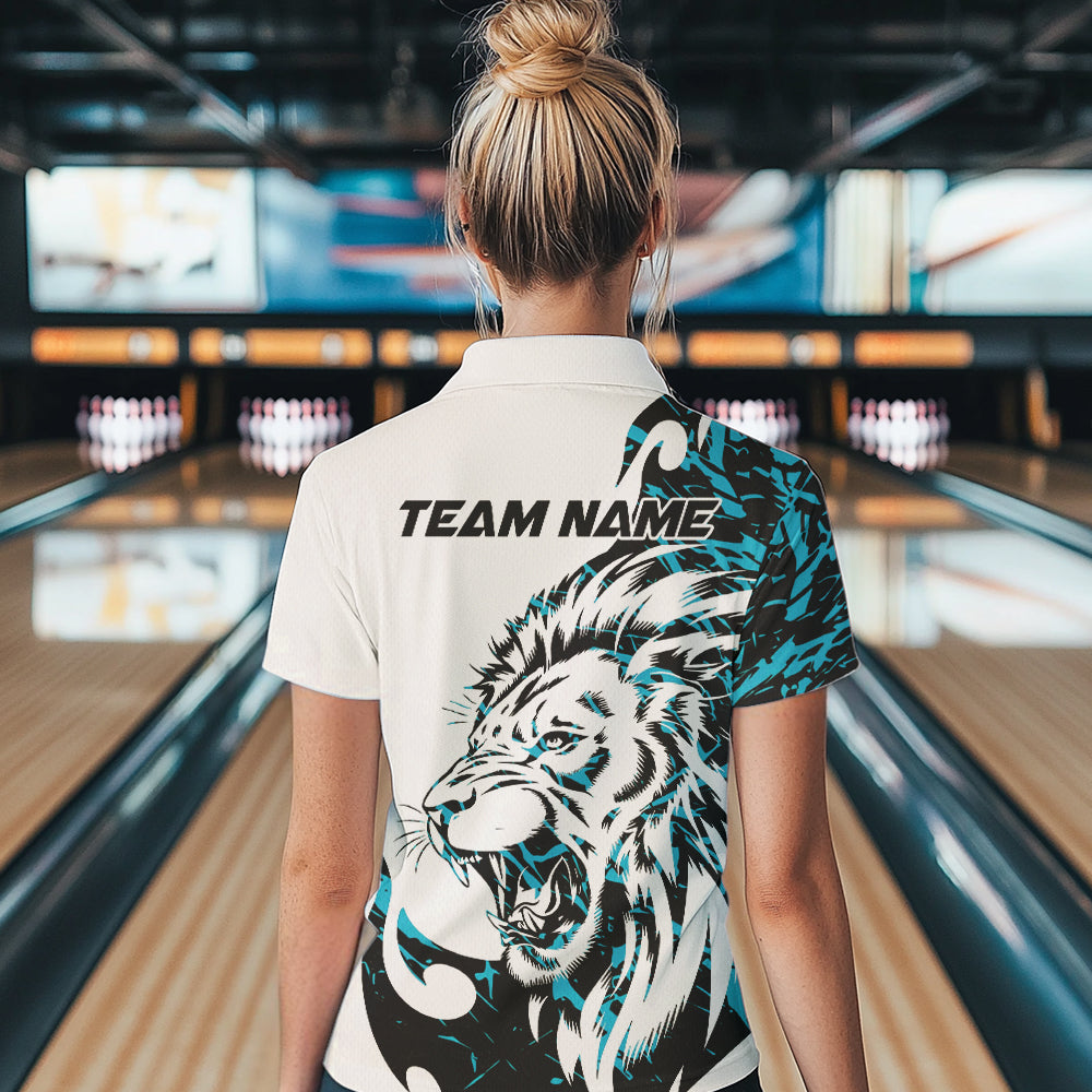 Custom Blue Camo Lion Bowling Team Polo Shirts For Women, Lion Bowling League Shirt IPHW8856