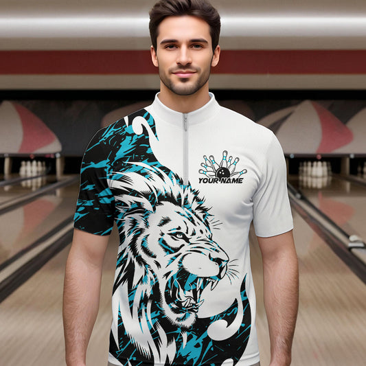 Custom Blue Camo Lion Bowling Team Quarter-Zip Shirts For Men, Lion Bowling League Shirt IPHW8856