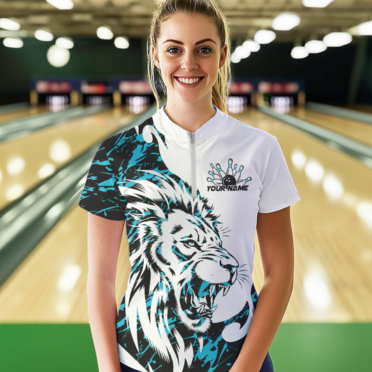 Custom Blue Camo Lion Bowling Team Quarter-Zip Shirts For Women, Lion Bowling League Shirt IPHW8856