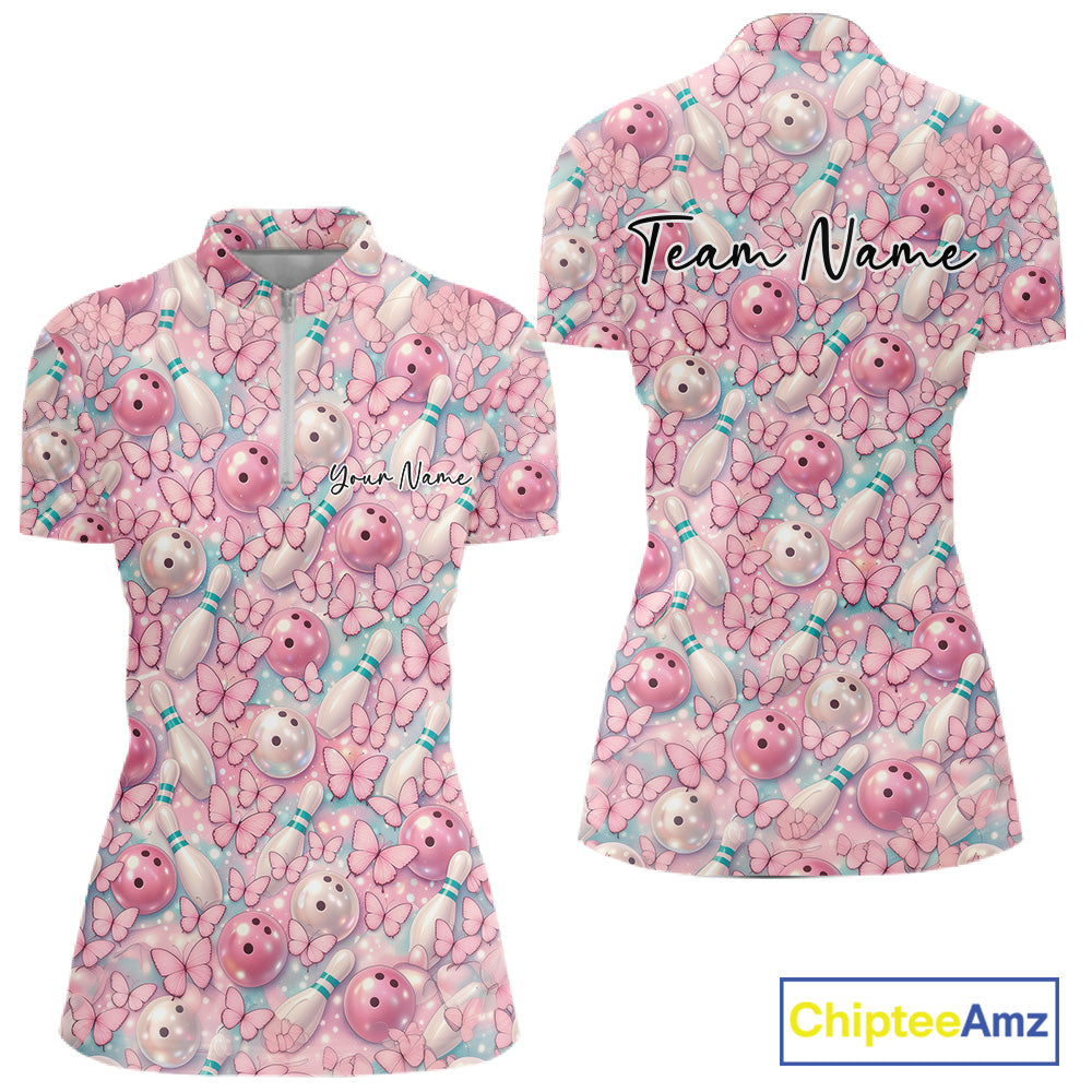 Custom Pastel Blue And Pink Butterfly Bowling Women Quarter-Zip Shirt, Ladies Outfit IPHW10930