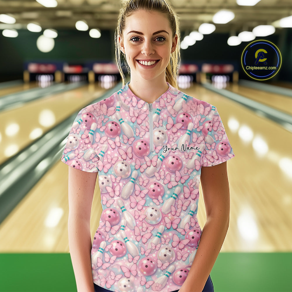 Custom Pastel Blue And Pink Butterfly Bowling Women Quarter-Zip Shirt, Ladies Outfit IPHW10930