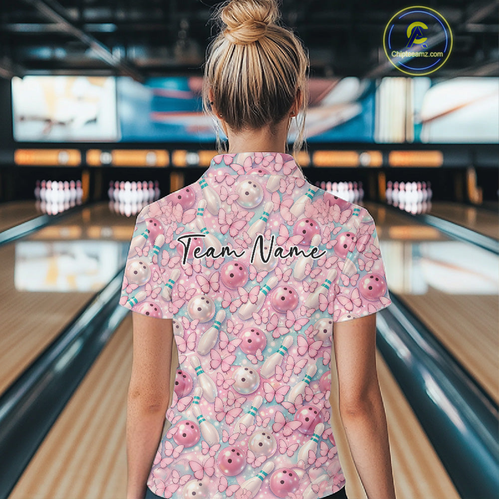 Custom Pastel Blue And Pink Butterfly Bowling Women Quarter-Zip Shirt, Ladies Outfit IPHW10930