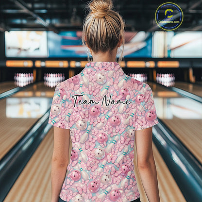 Custom Pastel Blue And Pink Butterfly Bowling Women Quarter-Zip Shirt, Ladies Outfit IPHW10930