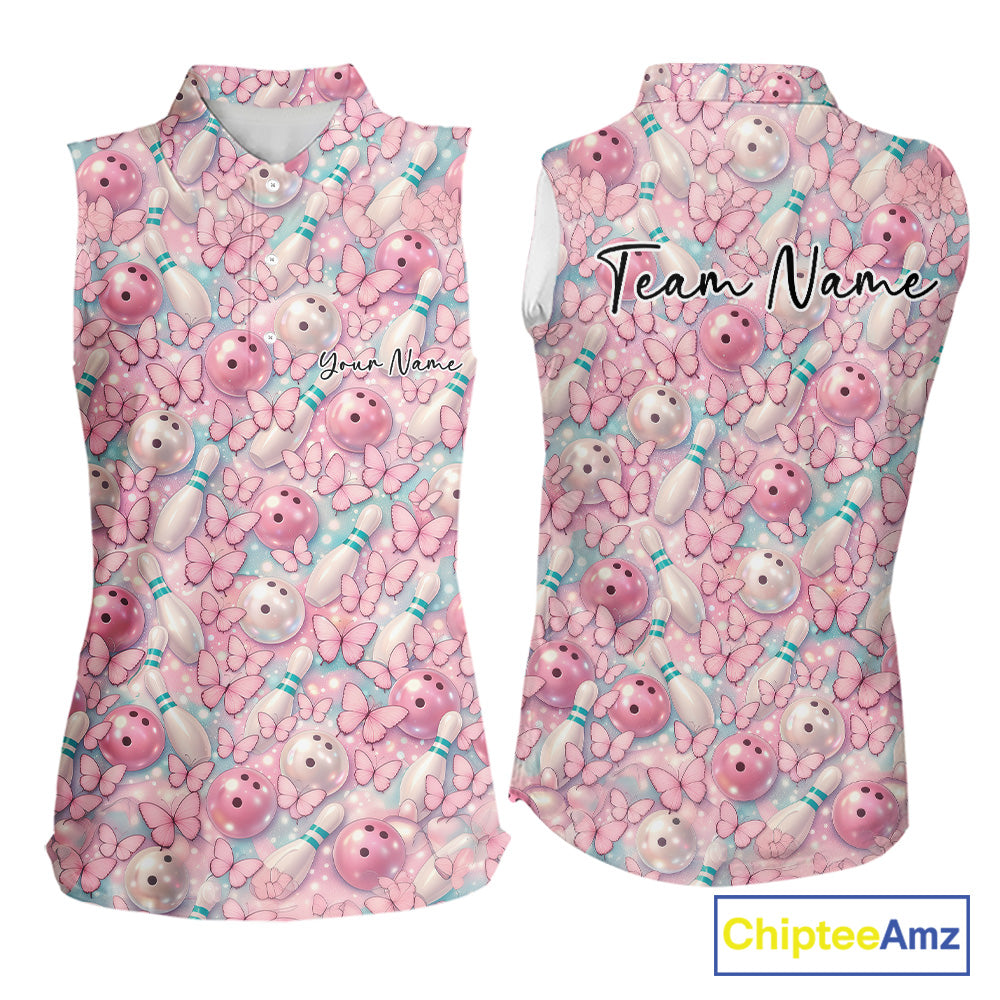 Custom Pastel Blue And Pink Butterfly Bowling Women Sleeveless Polo Shirt, Ladies Outfit IPHW10930